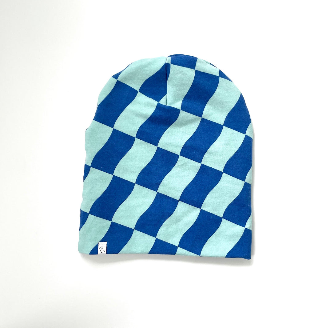 Blue Check Fleece Slouchy Beanie